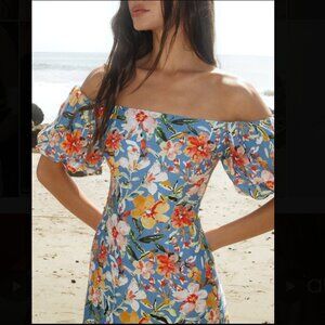 ASTR The Label Blue Floral Off-Shoulder Mini Dress, Large